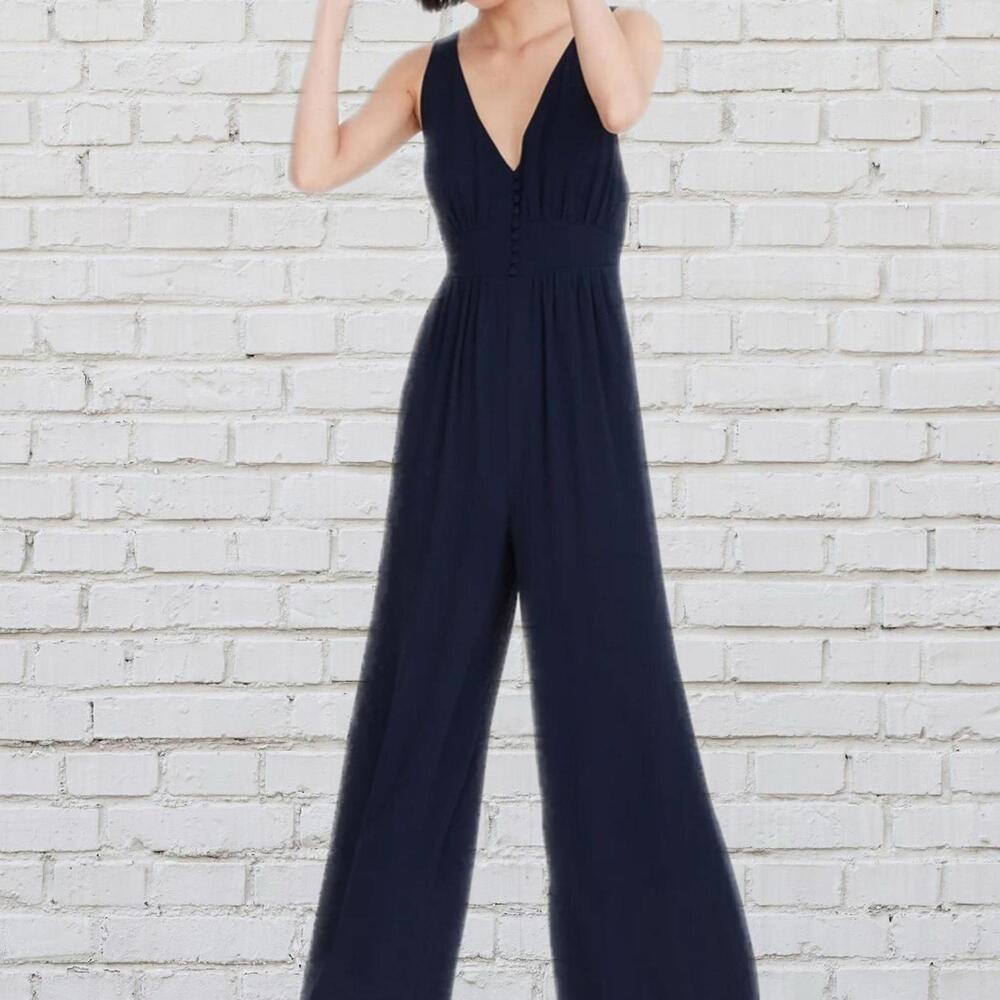 Madewell Navy Blue Wide Leg Jumpsuit Size 0 Button Front Racerback Fall Wedding